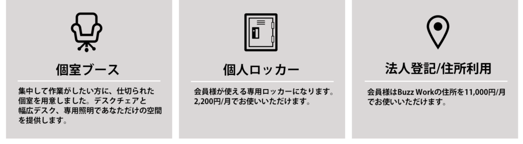 主なサービス内容
個室ブース、専用ロッカー、法人登記/住所利用